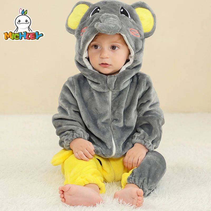 MICHLEY Halloween Elephant Winter Baby Rompers Clothes Costume Flannel Hooded Bodysuits Pajamas Animals Jumpsuit For Boys Bebe