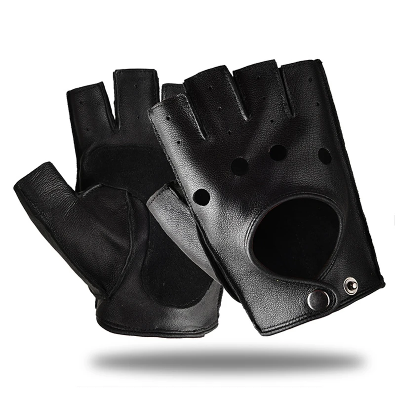 قفازات جلدية بنصف إصبع للرجال ، قفازات قيادة رياضية للياقة البدنية مانعة للانزلاق ، قفاز جلد الغنم العتيق للدراجات النارية ، قوي مقاوم للاهتراء