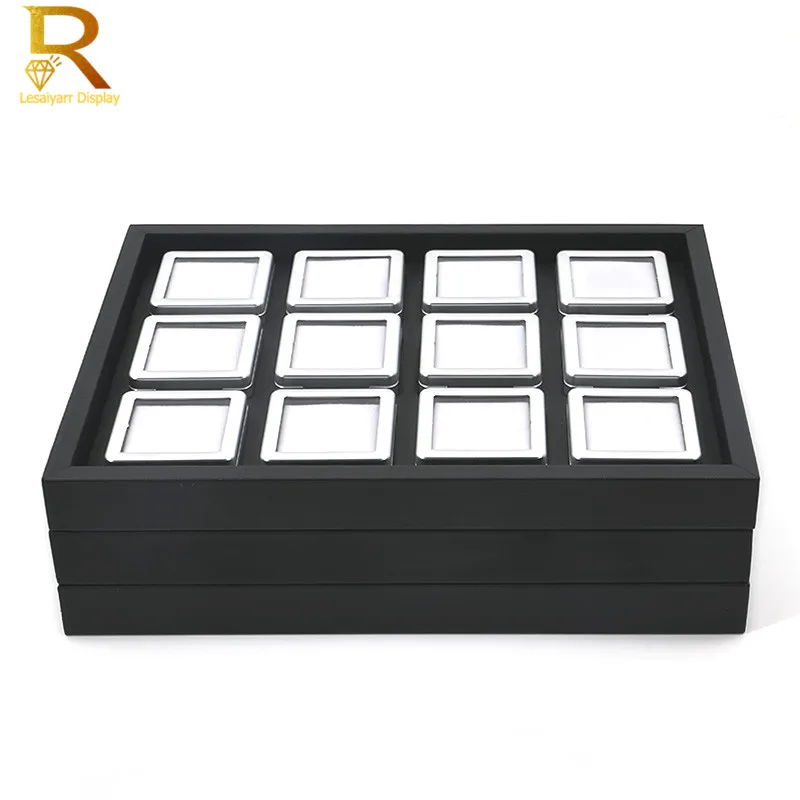 Modern Gem Stone Jar Display Box Diamond Jewelry Beads Coin Organizer Gemstone Jewellery Tray Storage Container Black PU Leather