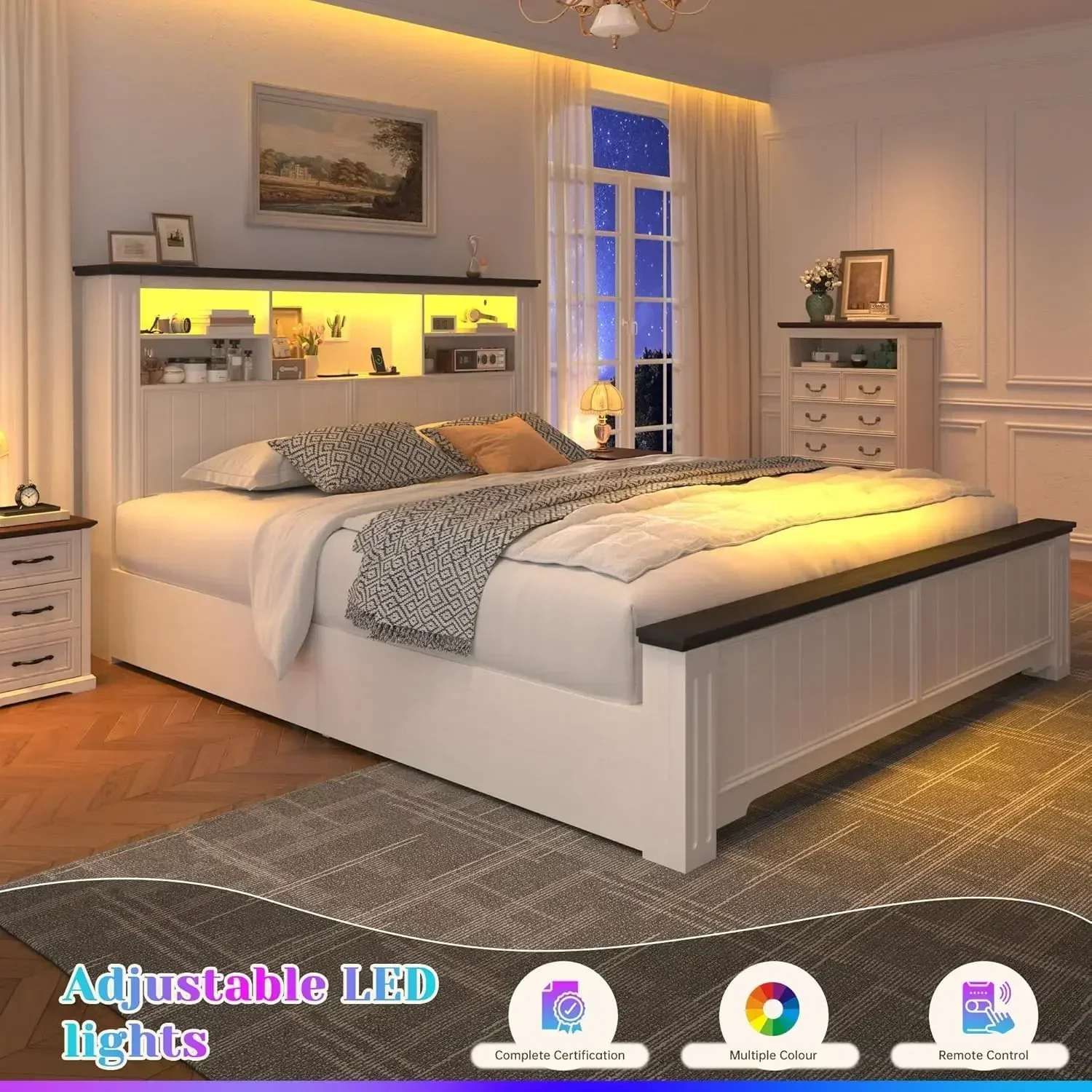 Hot salesFull Size Bed Frame with Headboard and Storage, 4 Drawers and LED Built in Charging Station Full Bed Frame with Storage