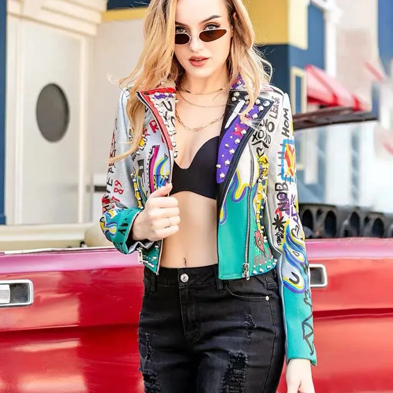 Womens Rivet Beading Pu Jacket Hit Color Streetstyle Graffiti Outerwear letters Printed leather Jackets Short Punk Street Coat