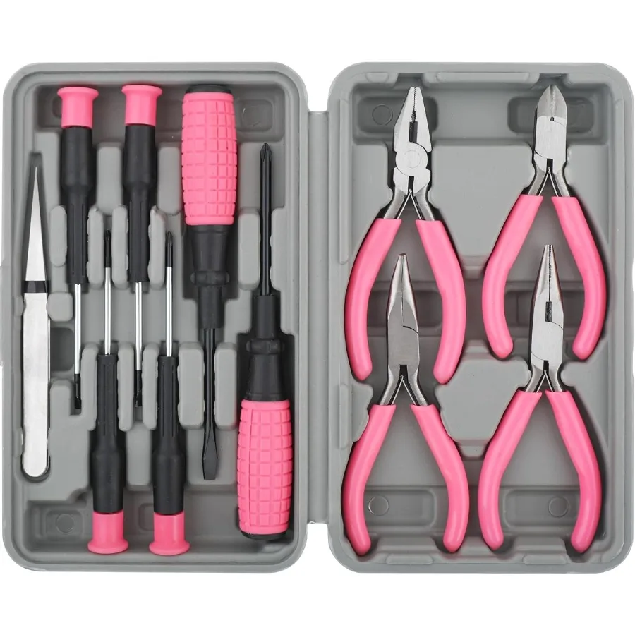 

HiSpec 11pc Pink Womans Compact Crafts Home DIY Repair Hand Tool Kit Set with Pliers Cutters and Precision Screwdrivers for Lad