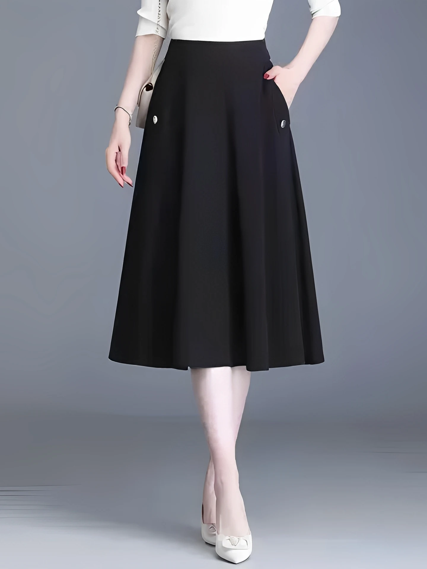 

Ele A-Line Skirt with kets Elastic Waist Midi Length Women's Spring Summer Faion Commute High Waist Polyester