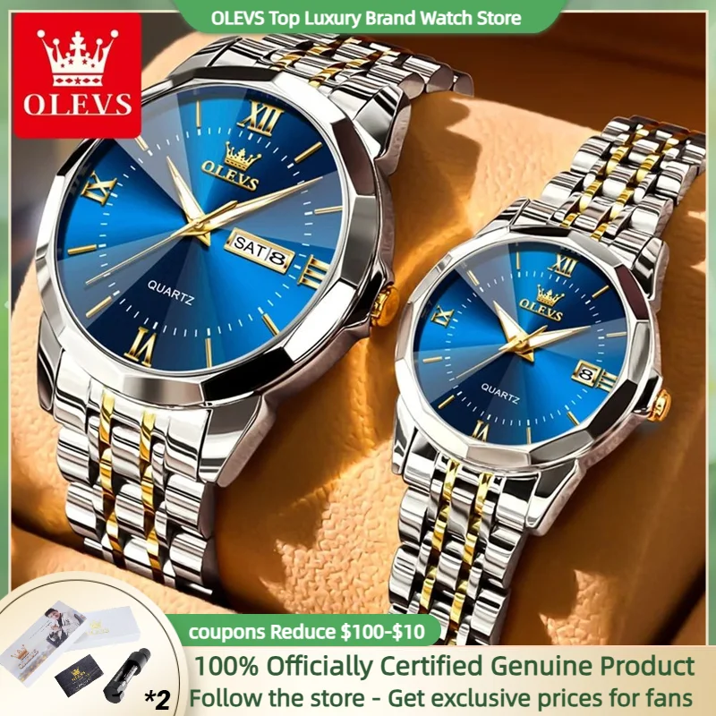 OLEVS-relojes de pareja para hombres y mujeres, reloj de cuarzo de acero inoxidable con espejo prismático para amantes, conjunto de reloj de pulsera para ella y su regalo, nuevo