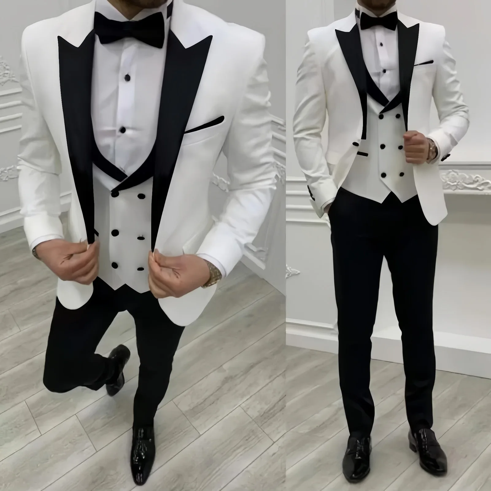 

3 Piece Men's Herringbone Suit Set with Vintage Notch Lapel Blazer Vest And Pants Regular Fit for Wedding Evening Party