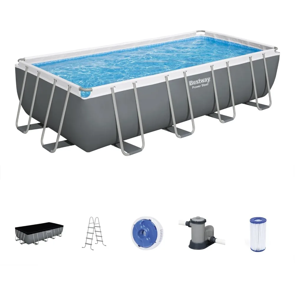 

Outdoor Swimming Pool, 18' X 9' X 48" Rectangular Metal Frame Above Ground Swimming Pool Set with 1,500 GPH Filter Pump