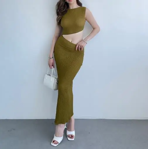 

Women's Two-Piece Set 2025 Autumn New Solid Color Sleeveless Top Hip Hugging Long Skirt Exposed Navel Set for Women