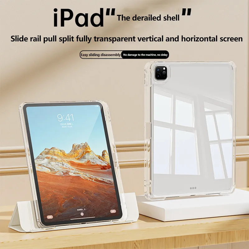 Acrylic Pen Slot Case For iPad Air 11 6 Pro 11 2024 Air 5 4 3Pro 2 1 10th 10.9 10.2 9.7 Mini 2024 7 A17 Pro 6 Detachable Cover