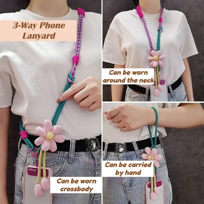 

3-in-1 Flower Phone Lanyard, Crossbody Neck & Wrist Strap, Woven Anti-Lost for Outdoor Activities