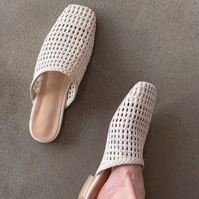 

Retro Ladies Woven Slippers Breathable Cutout Casual Shoes For Women Square Toes Summer Vacation High Quality Elegant Sandals