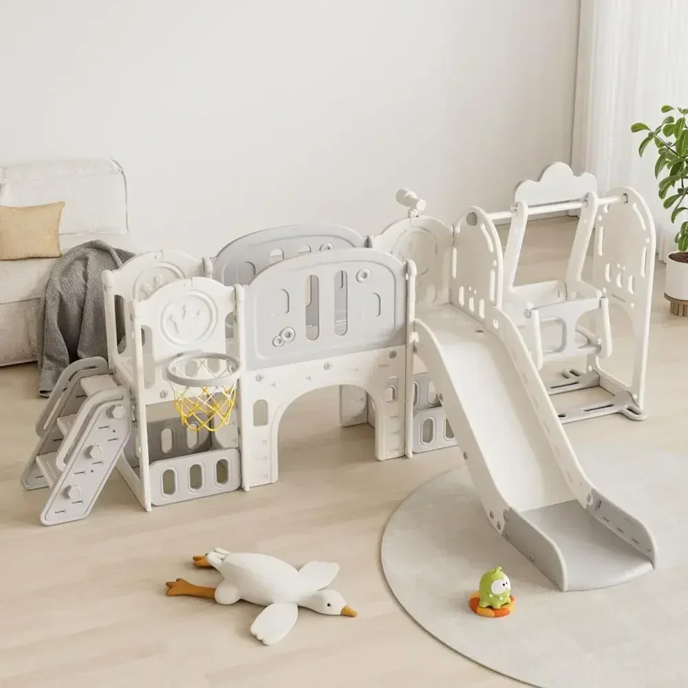 All-in-One Outdoor Playset with Slide, Swing, and Basketball for Toddlers (Grey+White)