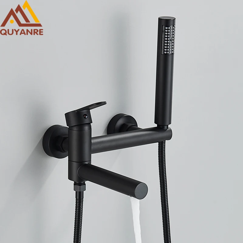 Rubinetto per vasca da bagno nero opaco Rubinetto per doccia con beccuccio girevole Miscelatore per acqua calda fredda montata a parete per bagno Rubinetto per doccia da bagno cromato