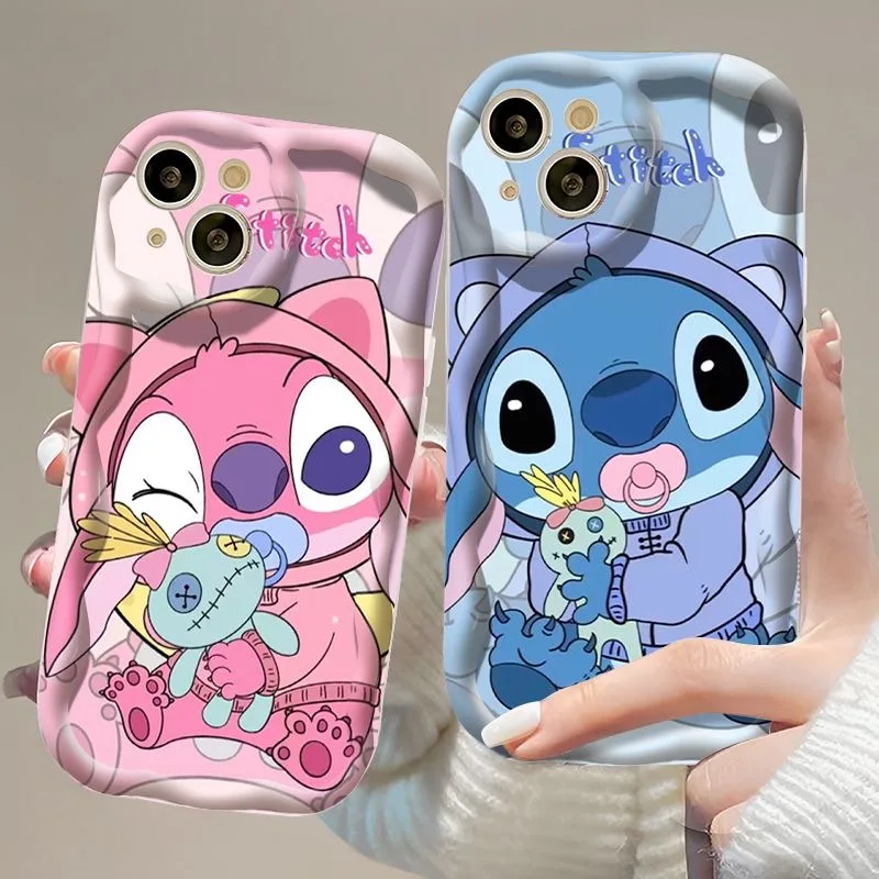 Cute Stitch and Angie Couple 3D Wave Case for OPPO A98 A94 A93 A92 A79 A78 A76 A58 A57 A55 A38 A33 A17 A16 A15 2020 4G 5G Back