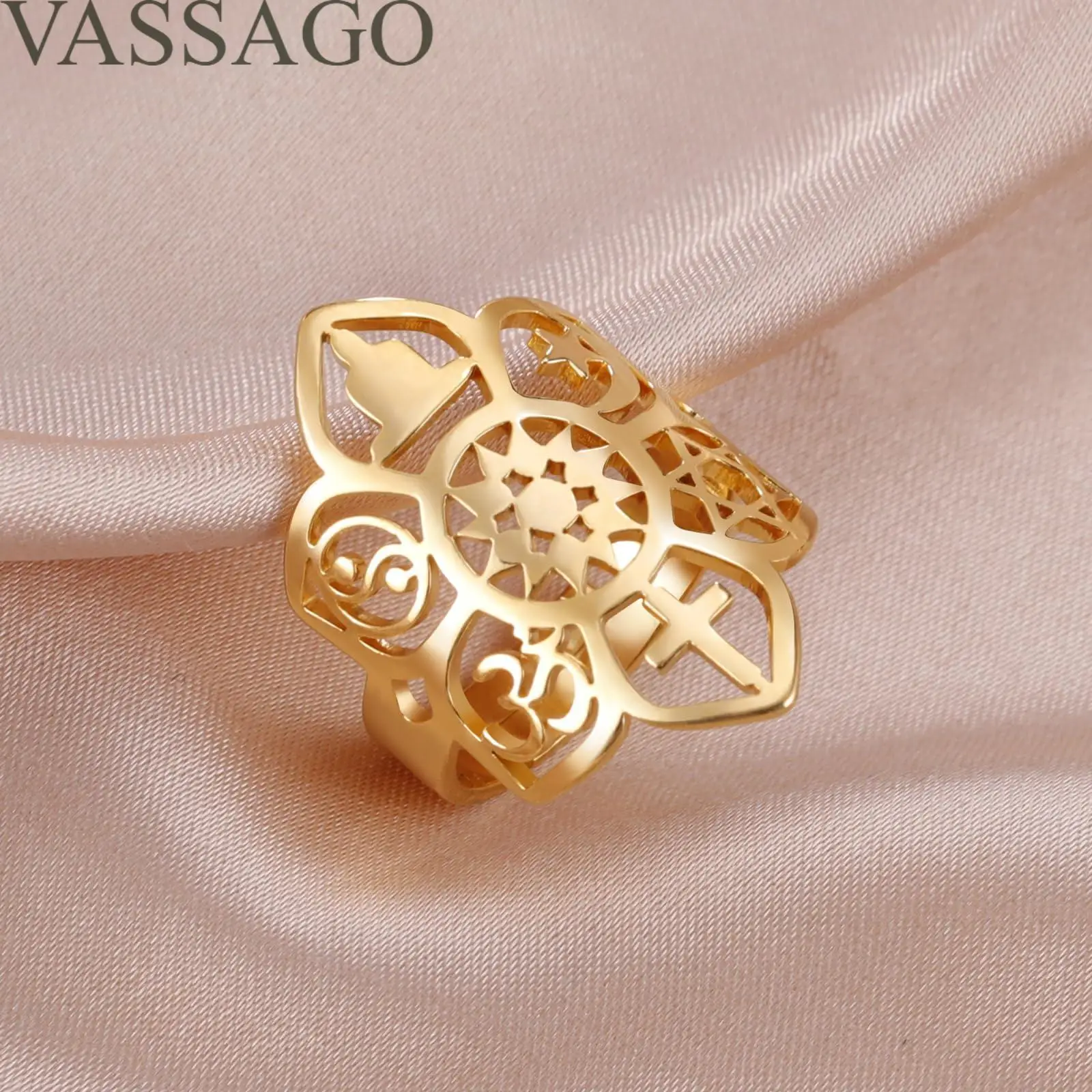 Lotus Flower Adjustable Ring Coexist Om Cross Islam Star Moon Star of David Yin Yang Yoga Ring for Women Gilrs Religious Jewelry