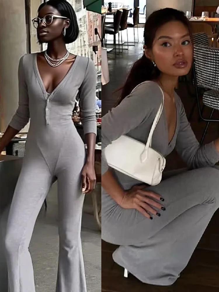 

Weird Puss Sexy Flare Jumpsuit Women Long Sleeve V-Neck Single-Breasted Solid Sporty Commute Stretchy Skinny Elegant Overalls