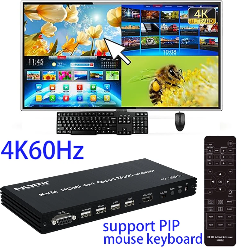 

4K 60Hz HDMI Multiviewer KVM Switch 4x1 USB Quad Multi-Viewer PIP 90° 180° Flip for 4 PCs Share USB Keyboard and Mouse Control