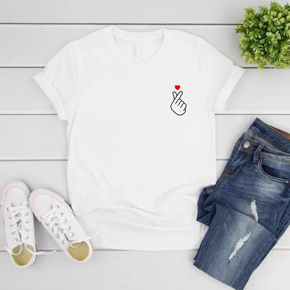 Korean Finger Love Symbol Women's T-shirt Korean Finger Heart Kpop T Shirt Cute Summer Short Sleeve Female Tops Women's Clothing