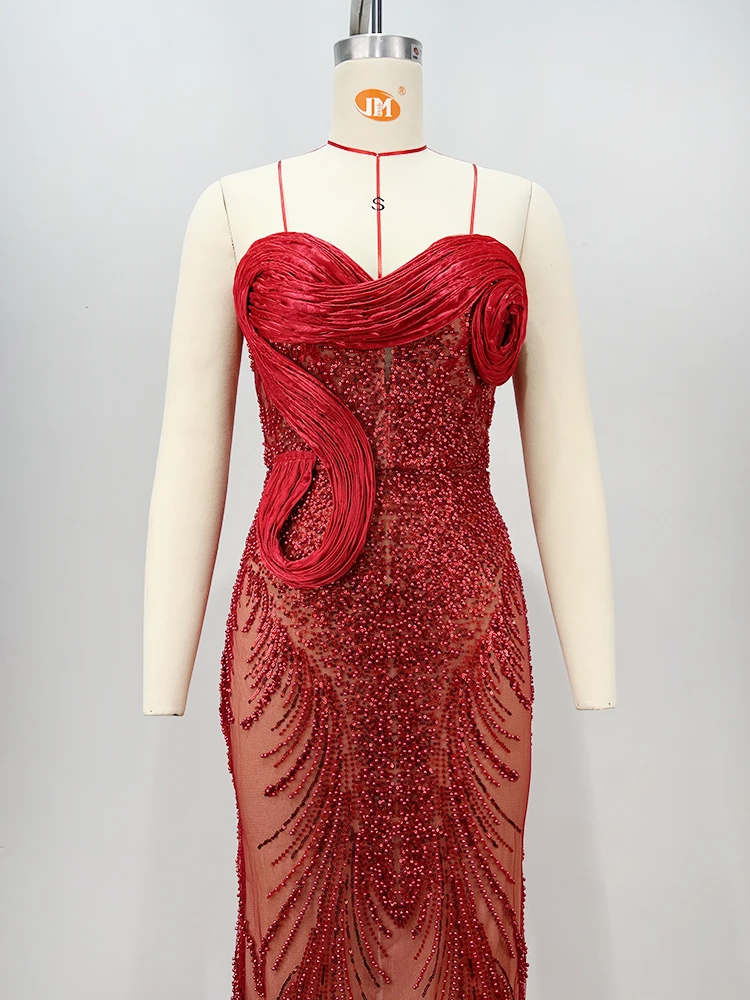 VC Sparkle mode Sexy rouge et noir perlé maille transparente sans bretelles sans manches robe Maxi pour fête soirée dîner robe