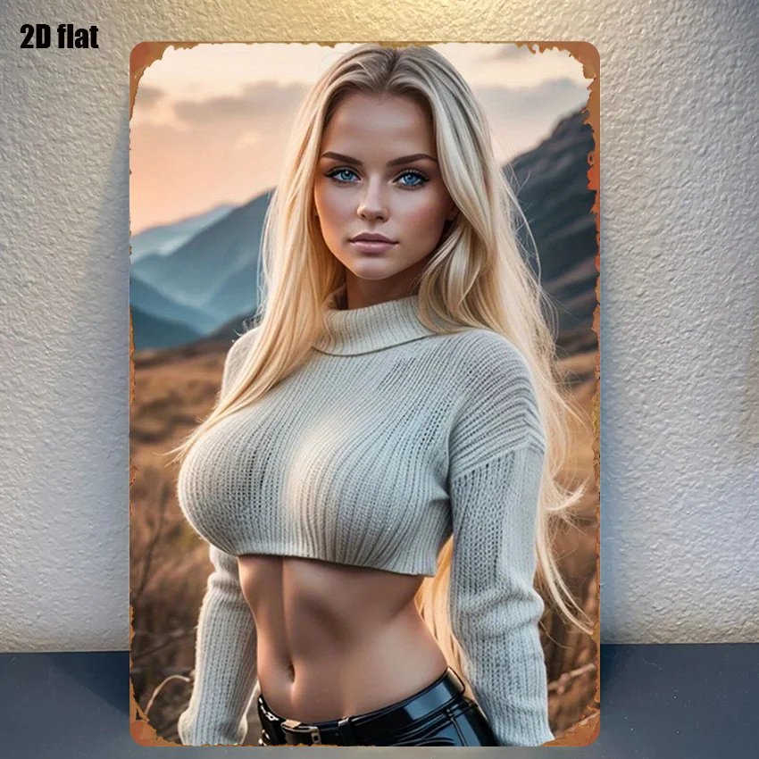 Golden Iron Man Retro-Kunstposter, 20,3 x 30,5 cm, Iron Man und blonde Figur, Metall-Wanddekoration für Heimkino-Schlafzimmer