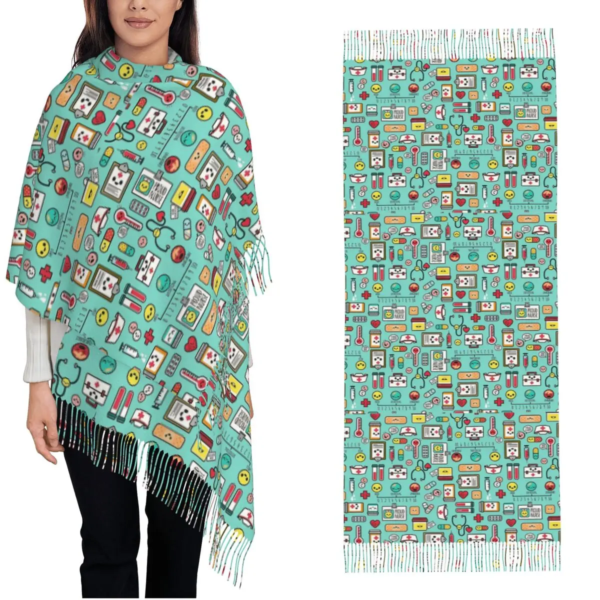 

Proud To Be A Nurse Medical Pattern Mint Scarf Female Head Scarves with Tassel Winter Cool Shawls and Wrap Outdoor New Bandana