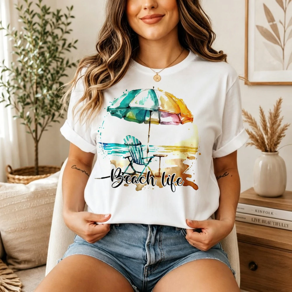 Women Beach Life Graphic T Shirt Watercolor Colorful Beach Umbrella Chair Ocean Print Short Sleeve Crew Neck Cotton Loose
