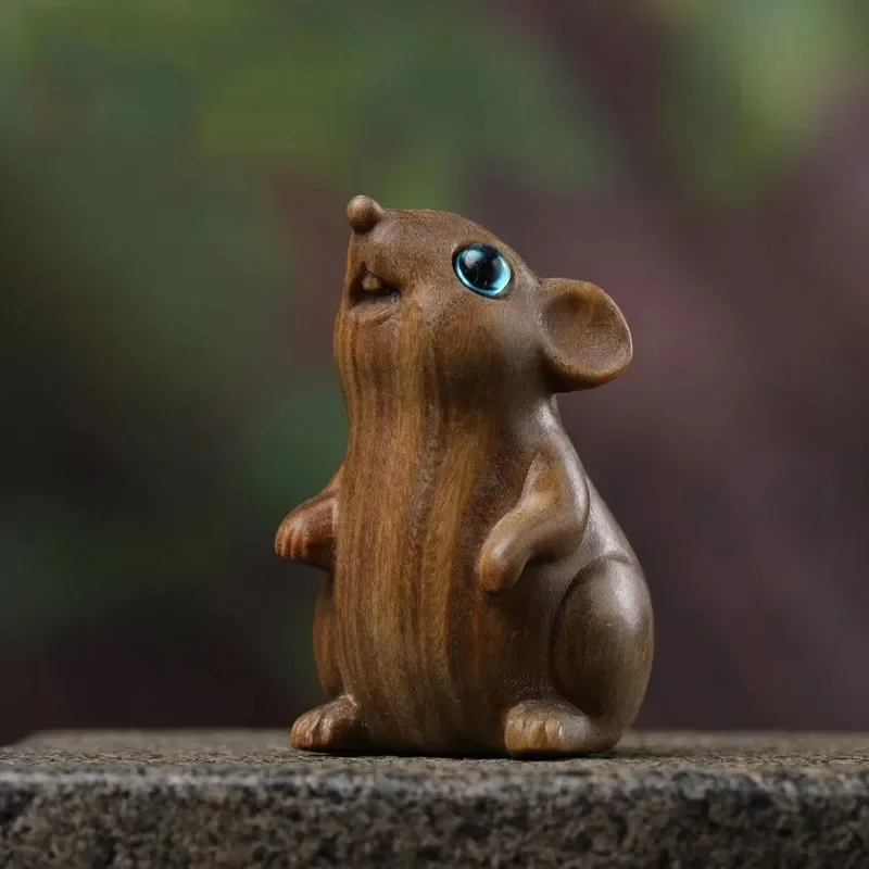 Green Sandalwood Carving Rat Statuette Animal Miniature Zodiac Mouse Ornament Office desk accessories For home Decoration Gifts