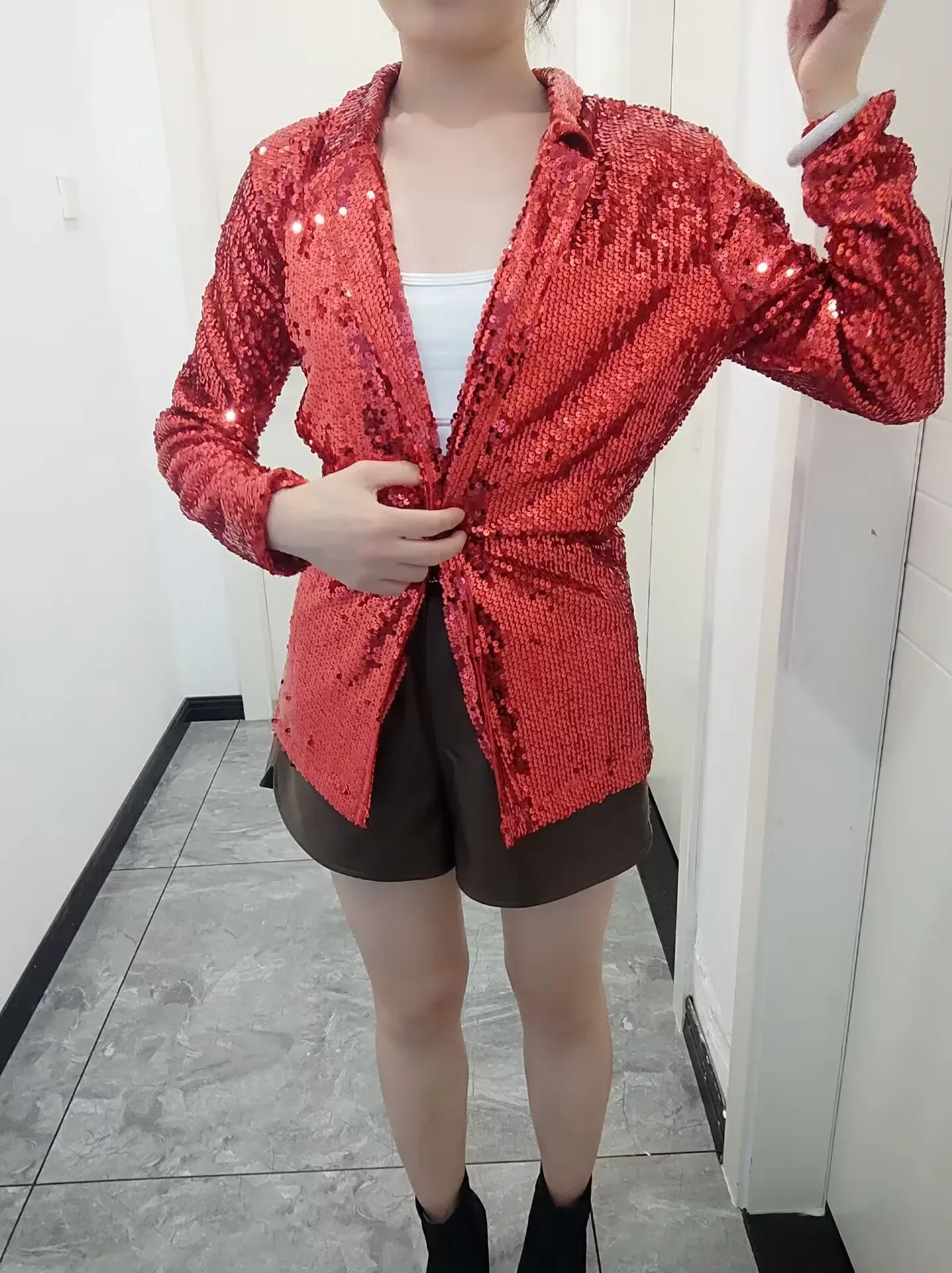 

Women Shinny Sequins Blazer Casual Long Sleeve Shimmer Glitter Party Shiny Lapel Jacket Coat Fall Rave Outerwear Blazer Mujer