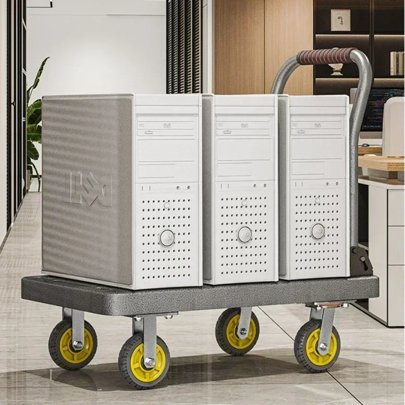 Household Goods Thickened Silent Steel Plate Truck  Trolley Four-wheel Pulling Trolley Household Flatbed Truck Small Trailer
