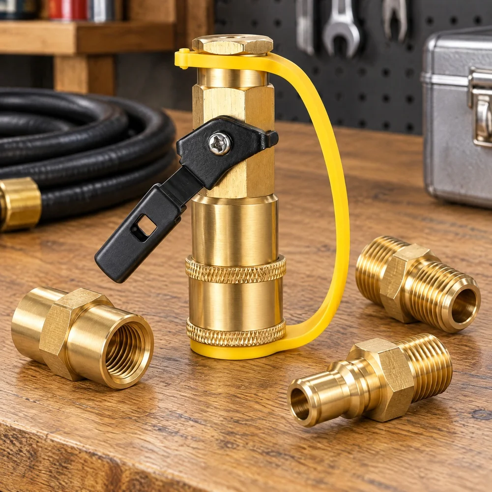 4-Piece Propane Quick Connect Kit Brass Fittings For Safe Use Shutoff Valve Full Flow Brass Pipe Coupler NPT Hex Nipple