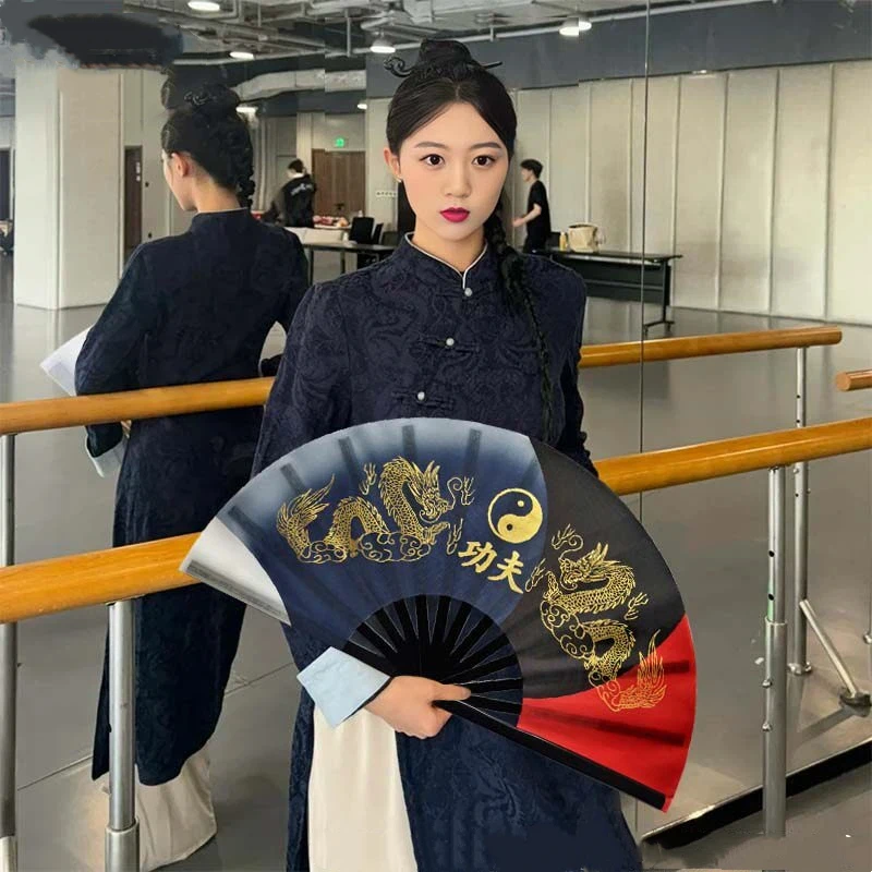 New Tai Chi Fan Ink Wash Hot Stamping Double Dragon Kung Fu Fan High End Bamboo Bone Adult Martial Arts Fitness Square Dance Fan