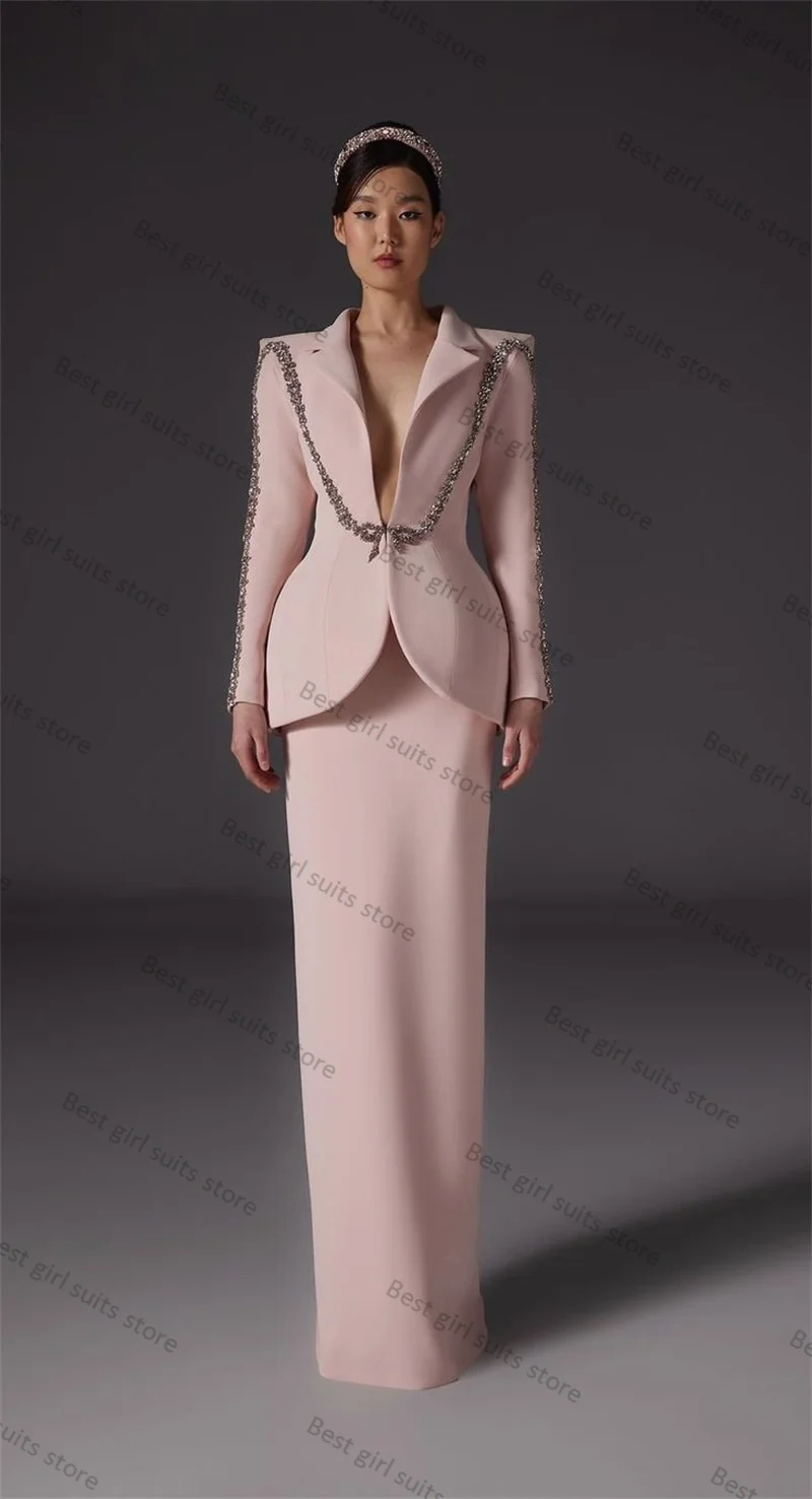 Crystals Pink Women Suit Skirt Set 2 Piece Blazer+Midi Prom Dress Formal Office Lady Jacket Customized Cotton Party Coat Outfit