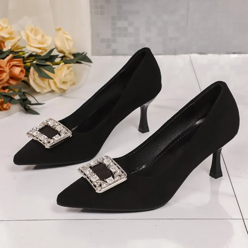 

2026 Temperament Rhinestone Square Buckle Professional Single Shoes Pointed Head Light Mouth Stiletto Black High Heels Female