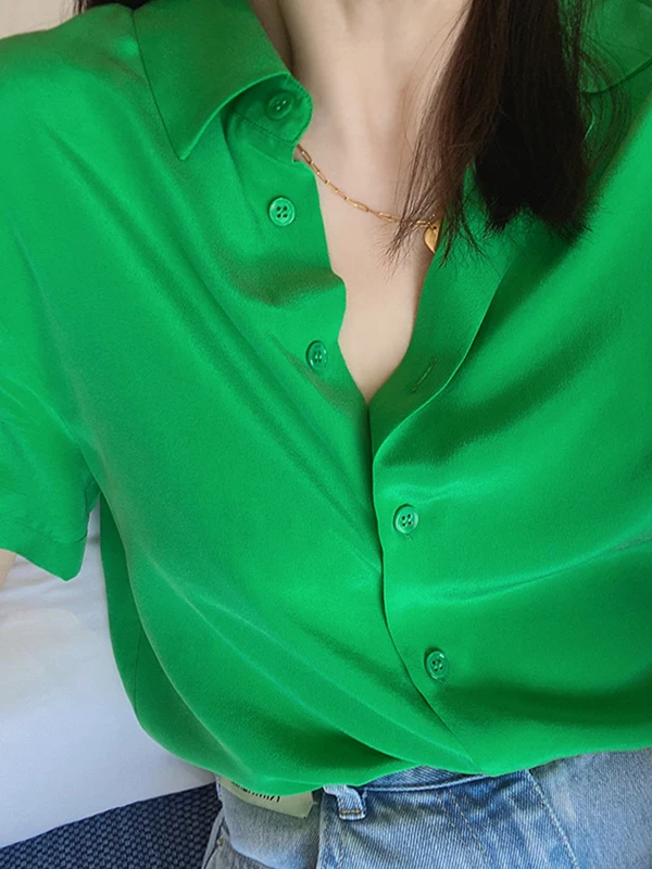 

Женская классическая прямая шелковая рубашка Ele Commuter с коротким рукавом, высокой талией, однотонная, цвет песок, из натурального шелка.