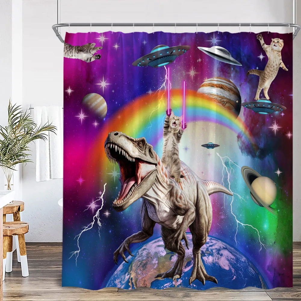 Funny Cat Shower Curtain Cat Riding Shark Dinosaur Flower Floral Polyester Bathtub Curtain Space Planet Bathroom Decor with Hook