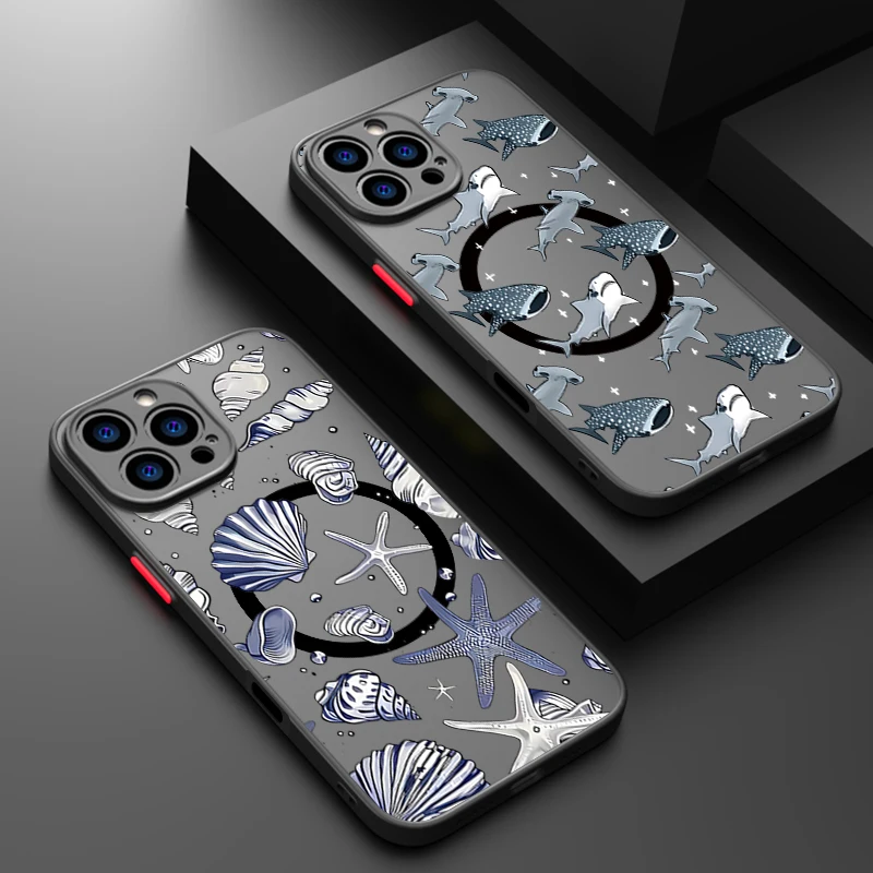 Cartoon-Hai Magnetische Handyhülle für iPhone 16e 15 14 Pro Max 13 12 Pro 11 16 15 14 Plus Stoßfest für Magsafe Acryl-Cover