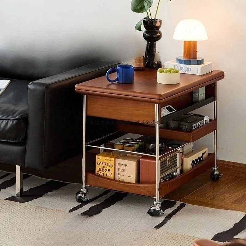 

Solid wood folding coffee table medieval household living room trolley antique small apartment retro mobile sofa lifting storage
