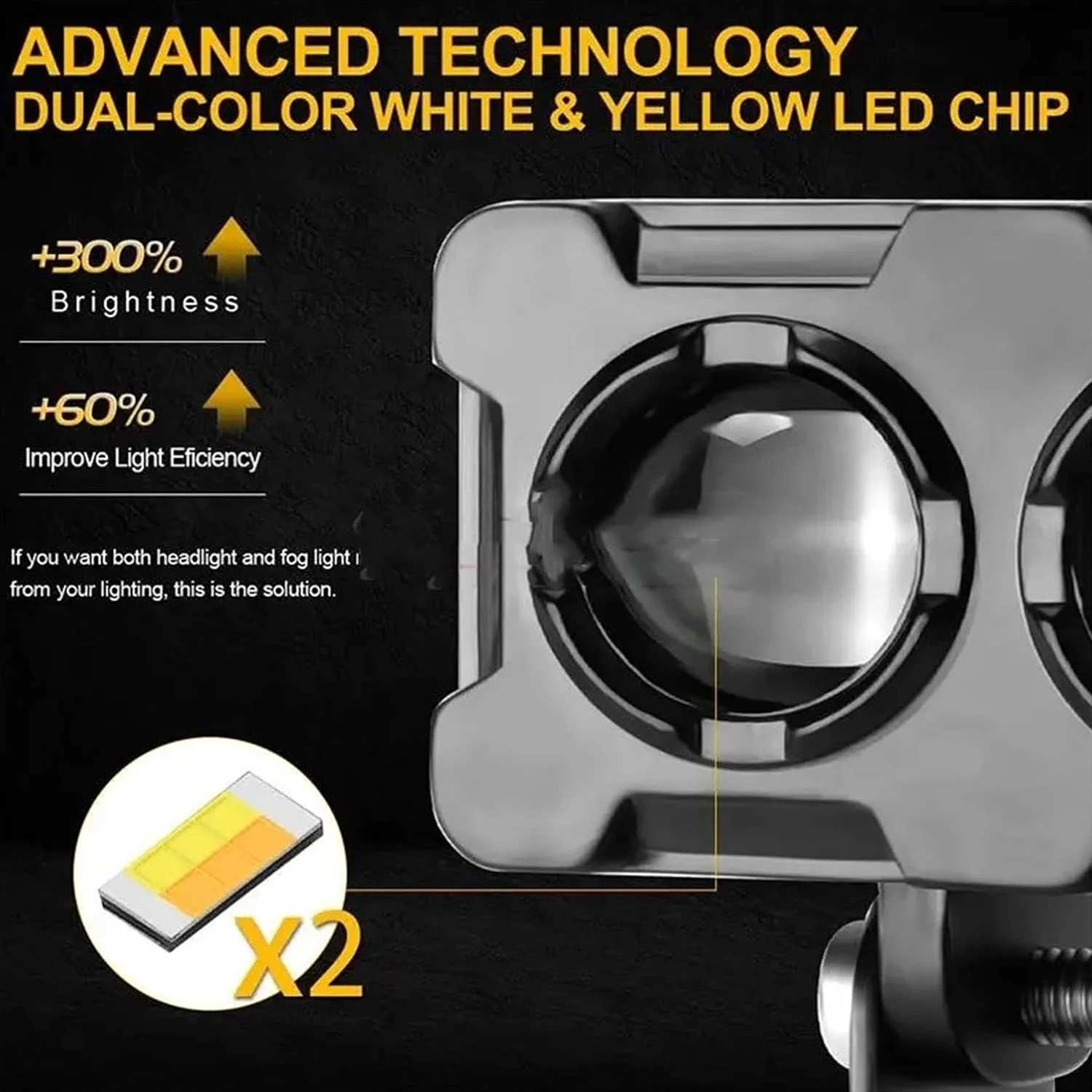 1PC Motorcycle LED Lens Spotlight Double Lenses Spotlight Motorcycles Auxiliary Fog Lamp Dual Color White Yellow Light