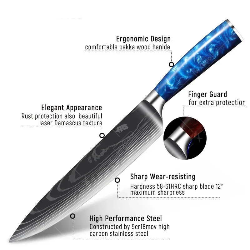 WXCOO Japanese Kitchen Chef Knives Laser Damascus Pattern Ultra-Sharp Santoku Knife Meat Cleaver Fruit Peeler Fish Fillet Knife