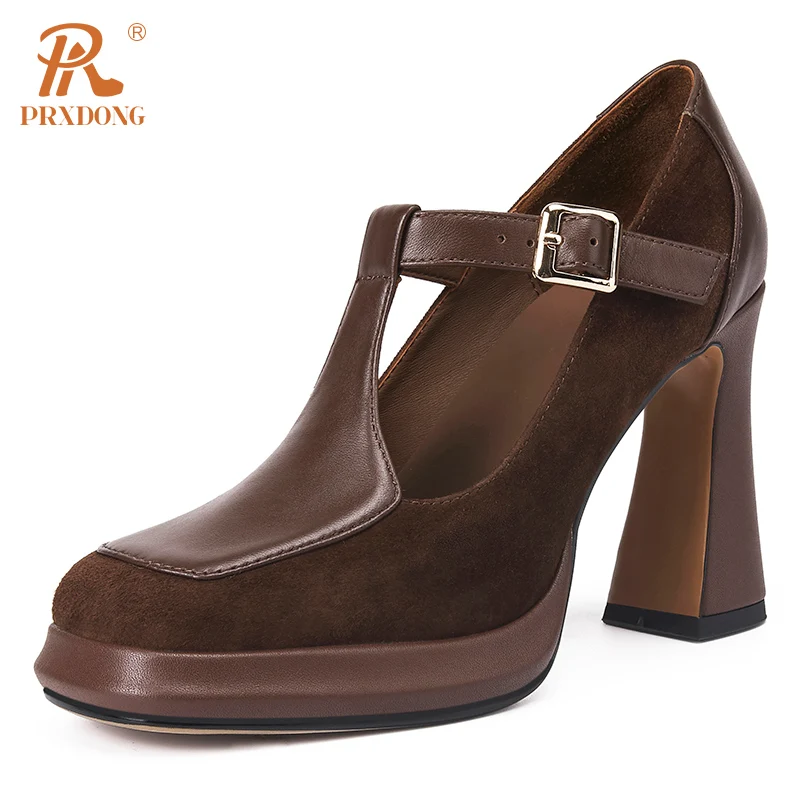 PRXDONG Genuine Leather Shoes Woman Pumps New Spring Summer High Heels Platform T-strap Retro Black Brown Dress Party Mary Janes