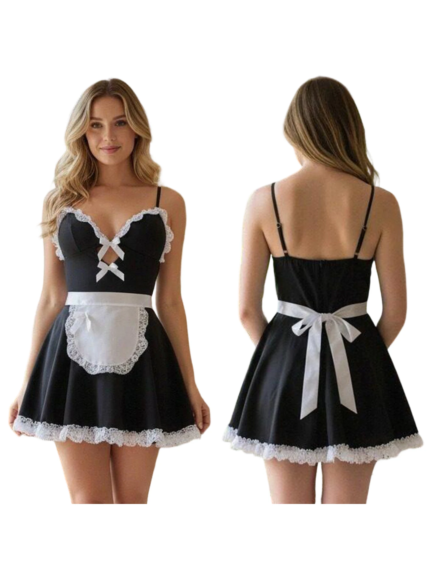 

Женский сексуальный костюм французской горничной с кружевной отделкой, декоративными бантиками, мини-платье, стринги и фартук, комплект из 3 предметов для ролевых игр и косплея