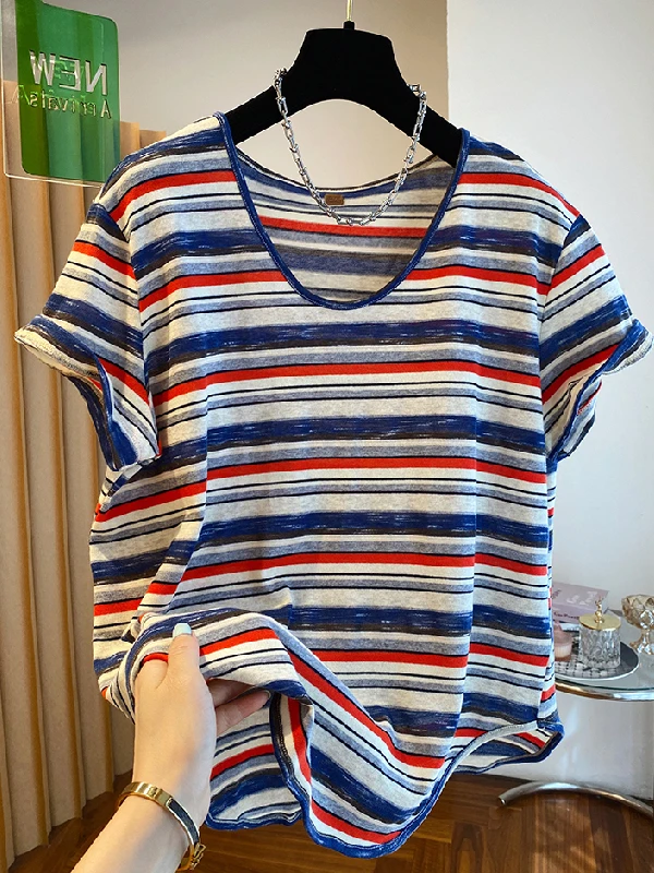 

plus Size Women's Striped T-Shirt Summer Casual Short Sleeve Deep U-Neck Loose Fit Breathable Polyester Fiber Regular Length
