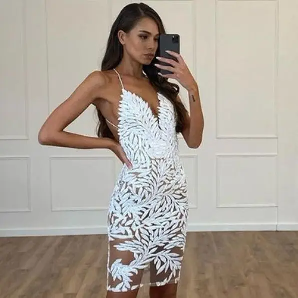 

V-neck White Applique Satin See Through Dress Mini length Cocktail Gown Open Back Sexy Bodycon Dresses Women's Party Gowns