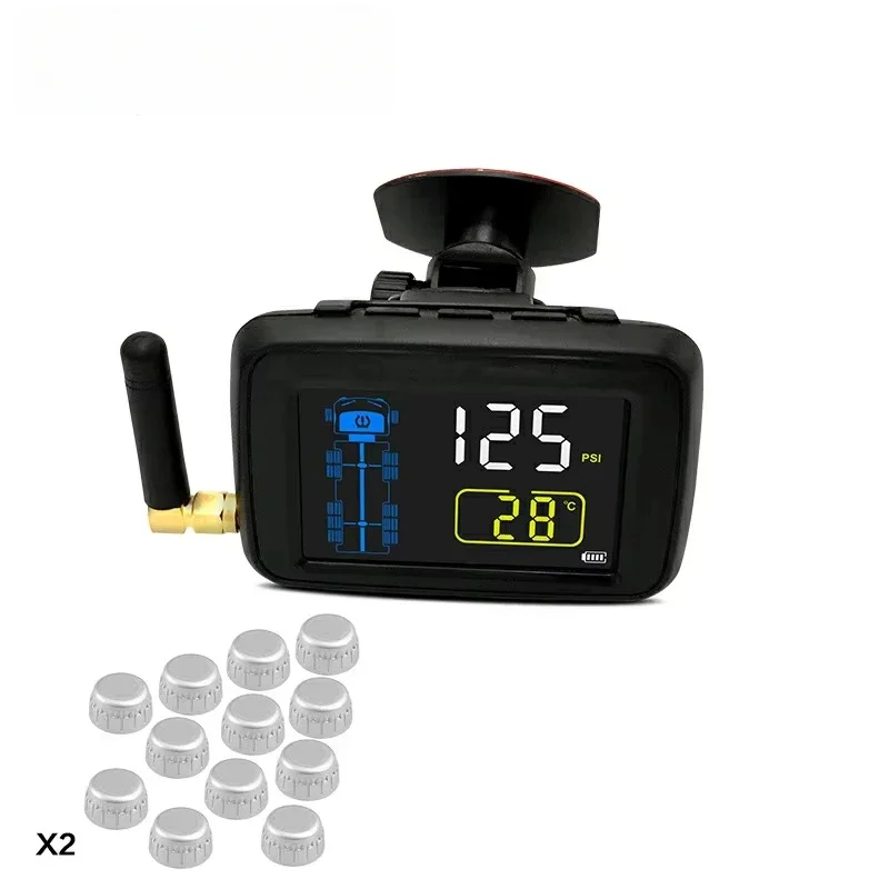 

10 Tires Rv Semi Truck Trailer Auto Valve Safety Wireless 6-22 Sensor 12V TPMS Gauge Alarm Tire Pressure Monitoring System