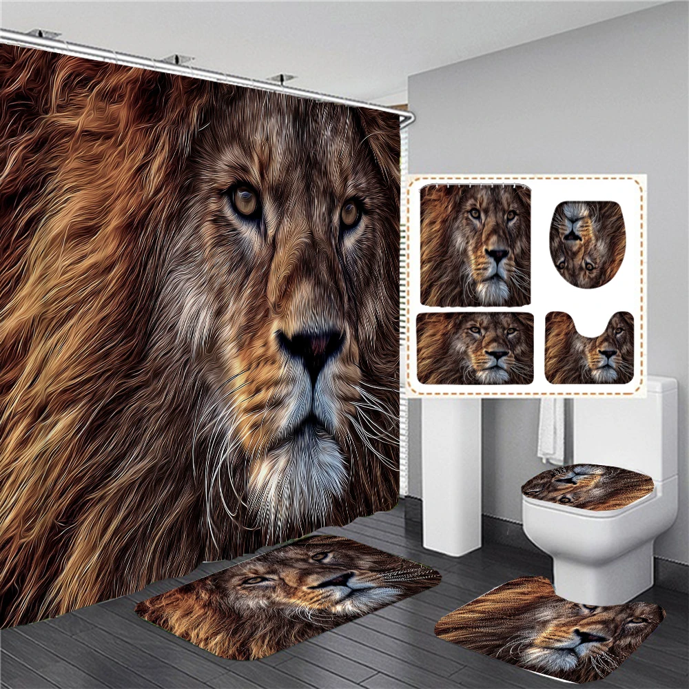 4pcs Moon Leopard Cheetah Animal Shower Curtain Sets Bathroom Decor Print Bathroom Curtains Toilet Bath Mat Lid Rug Accessories