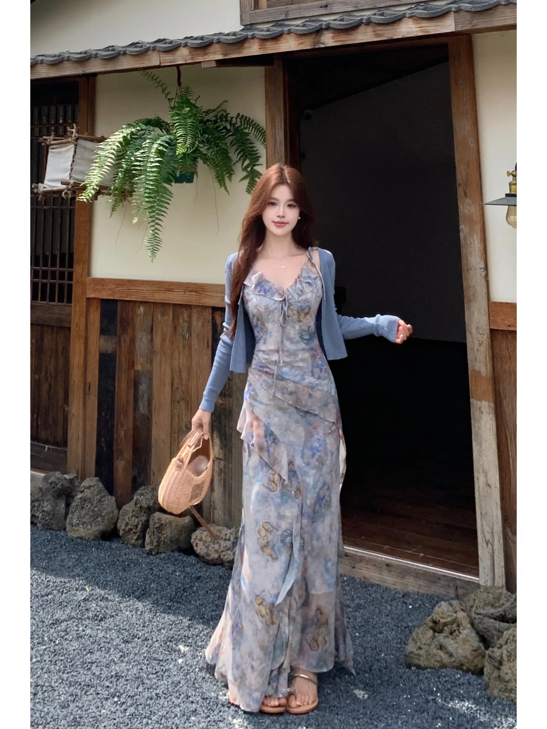 

plus Size Knitted Set Summer New Style Big MM Design Sense Lace Trim Floral Halter Dress Top And Bottom Casual Commute Style