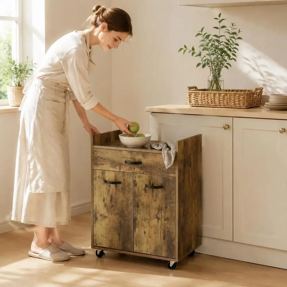 Chariot de service de cuisine à roulettes avec tiroir, placard à 2 portes et étagère en bois effet bois d'acajou