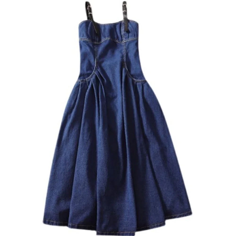 

Sling denim dress women's 2022 autumn new high waist loose pleated long dress