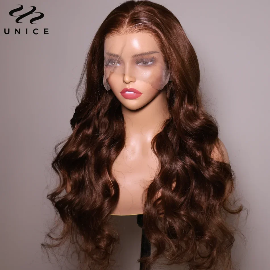 UNice Hair #4 Brown Color Body Wave 13x4 Lace Frontal Wigs Pre Plucked Lace Front Human Hair Wigs For Women 150% Density