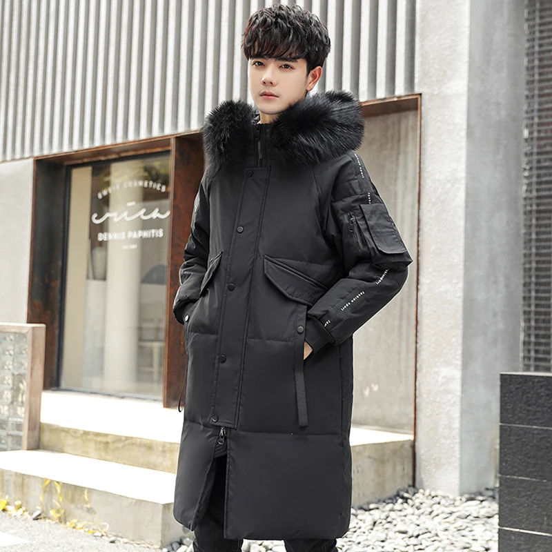 

Brand Real Fur Collar Men's Down Jacket Warm Hooded Fashion White Duck Down Coat Men Thick Warm Loose Long Parka Hight Quality