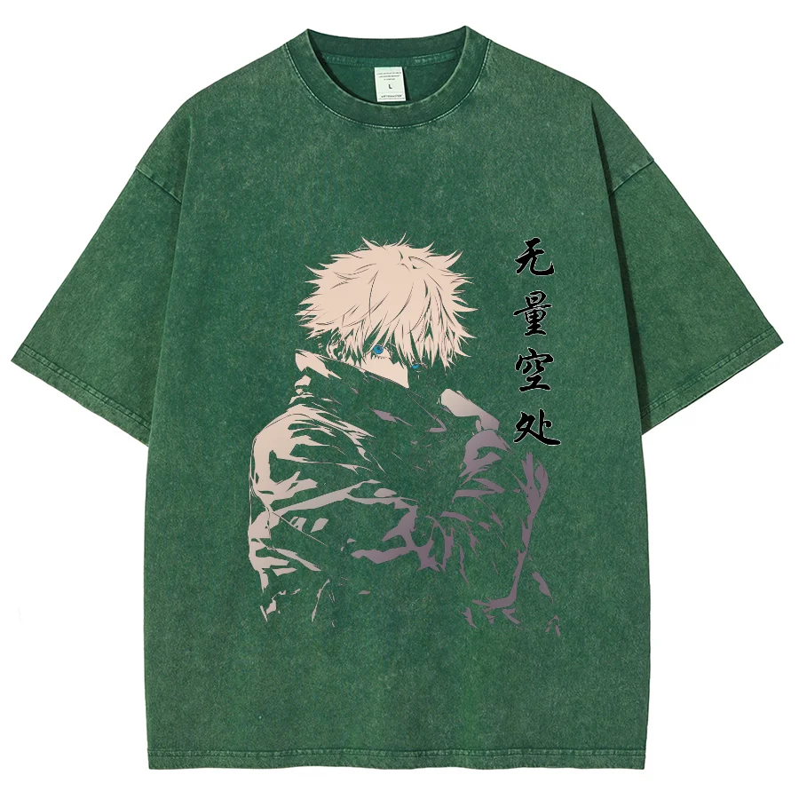 Anime Jujutsu Kaisen Y2K Unisex Washed shirt, Gojo Satoru Oversized Tshirt, Streetwear Vintage Washed Short Tshirt plus-size